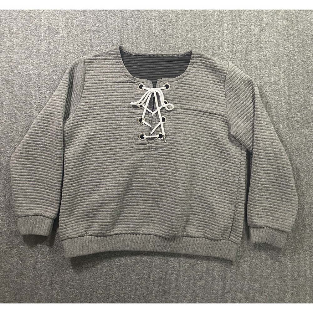Timing Women Gray Ribbed Lace-Up Front Pullover Sweatshirt XL